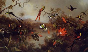 Martin Johnson Heade : Tropical Landscape with Ten Hummingbirds